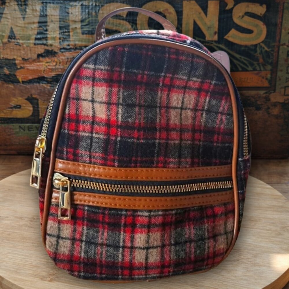 Tommy Bahama Mini Backpack Fall Plaid Tartan Red Black Flannel Brown Trim NWT